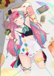  1girl absurdres amakawa_ruka armpits blush breasts cellphone chips closed_eyes commentary_request drooling food gloves hair_ornament highres long_hair multicolored_hair nintendo nintendo_switch open_mouth phone pillow pink_hair pinky_pop_hepburn pinky_pop_hepburn_official potato_chips ribbon sleeping small_breasts solo virtual_youtuber 