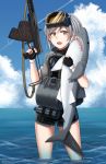  1girl :d absurdres animal animal_hug aps_rifle assault_rifle bangs black_gloves blue_sky brown_eyes character_name clouds cloudy_sky day diving_mask diving_mask_on_head eyebrows_visible_through_hair fang fingerless_gloves girls_frontline gloves grey_hair gun hair_between_eyes hand_up highres holding holding_gun holding_weapon horizon looking_at_viewer ndtwofives ocean one_side_up open_mouth original outdoors rifle shark short_sleeves sky smile solo standing trigger_discipline twitter_username wading water weapon wet wetsuit 