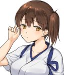  1girl brown_eyes brown_hair collarbone commentary_request expressionless fukuroumori highres japanese_clothes kaga_(kantai_collection) kantai_collection long_hair looking_at_viewer side_ponytail simple_background solo tasuki upper_body white_background 