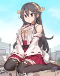  6+girls between_legs black_hair black_legwear blush breasts brown_eyes car closed_mouth day detached_sleeves female_admiral_(kantai_collection) frilled_skirt frills giantess ground_vehicle hair_between_eyes hair_ornament hairclip hand_between_legs haruna_(kantai_collection) headgear kantai_collection large_breasts long_hair motor_vehicle multiple_girls nontraditional_miko outdoors pleated_skirt police_car power_lines red_skirt remodel_(kantai_collection) ribbon-trimmed_sleeves ribbon_trim sidelocks sitting size_difference skirt smile solo_focus standing_on_person student thigh-highs utopia van wariza 