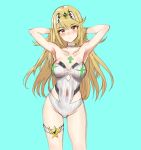  1girl alternate_costume aqua_background armpits arms_up athenawyrm bare_shoulders blonde_hair blush breasts cleavage covered_navel eyebrows_visible_through_hair hands_in_hair mythra_(xenoblade) jewelry long_hair looking_at_viewer medium_breasts necklace nintendo nose_blush one-piece_swimsuit simple_background solo standing swimsuit tiara xenoblade_(series) xenoblade_2 yellow_eyes 
