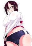  1girl blush braid breasts brown_hair buruma consort_yu_(fate) erect_nipples fate/grand_order fate_(series) glasses gym_shirt gym_uniform han_(jackpot) large_breasts long_hair looking_at_viewer navel red_eyes see-through_silhouette shirt shirt_pull simple_background single_braid solo white_background 