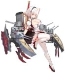  1girl artist_request azur_lane bangs bilingual black_footwear blush breasts cannon character_name choker cleavage cleavage_cutout collarbone commentary dress expressions full_body hairband high_heels holding holding_sword holding_weapon lace-trimmed_hairband large_breasts leg_up looking_at_viewer mary_janes official_art red_eyes ribbon rigging shoes short_hair sidelocks sirius_(azur_lane) smile solo standing standing_on_one_leg sword thigh-highs turret weapon white_hair white_legwear 
