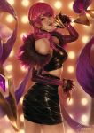  1girl bangle bangs bare_shoulders black_skirt bracelet breasts brown_eyes claws commentary crop_top detached_sleeves english_commentary evelynn fur_trim hair_between_eyes hair_ornament highres idol jewelry k/da_(league_of_legends) k/da_evelynn league_of_legends lipstick long_hair looking_at_viewer makeup microphone midriff nail_polish parted_lips purple_hair purple_nails raikoart skirt 