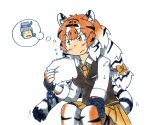  1girl :d animal_ears animal_print bangs black_hair bow chains closed_mouth cuffs dorikyasun eyebrows_visible_through_hair frown gloves hair_bow hat highres holding holding_paper kemono_friends kyururu_(kemono_friends) light_brown_hair long_hair long_sleeves low-tied_long_hair multicolored_hair necktie open_mouth orange_bow orange_eyes pantyhose paper print_gloves print_legwear shackles shirt siberian_tiger_(kemono_friends) simple_background sitting skirt smile solo streaked_hair sweater_vest tail tearing_up thought_bubble tiger_ears tiger_print tiger_tail twintails white_background white_hair white_shirt yellow_neckwear yellow_skirt 