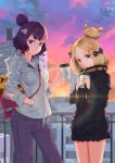  2girls abigail_williams_(fate/grand_order) bangs bendy_straw black_bow black_jacket blonde_hair blue_eyes bow breasts building closed_mouth clouds cloudy_sky commentary_request cup dated disposable_cup drinking_straw fate/grand_order fate_(series) grey_hoodie hair_bow hair_bun hand_in_pocket heroic_spirit_traveling_outfit highres holding holding_cup hood hood_down hoodie jacket katsushika_hokusai_(fate/grand_order) kiaji_(pixiv7643817) long_hair long_sleeves multiple_girls object_hug orange_bow pants parted_bangs parted_lips polka_dot polka_dot_bow purple_hair purple_pants signature sky sleeves_past_wrists small_breasts smile stuffed_animal stuffed_toy sunset teddy_bear 
