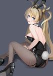  1girl adjusting_clothes adjusting_leotard alternate_costume animal_ears bare_shoulders black_leotard blonde_hair blue_eyes bradamante_(fate/grand_order) braid breasts bunny_girl bunny_tail bunnysuit detached_collar earrings fake_animal_ears fate/grand_order fate_(series) fishnet_pantyhose fishnets french_braid high_heels highres jewelry leotard long_hair looking_back medium_breasts pantyhose rabbit_ears solo strapless strapless_leotard sunga2usagi tail twintails very_long_hair wrist_cuffs 