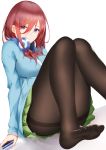  1girl absurdres ass bangs blue_cardigan blue_eyes breasts brown_legwear buttons cellphone closed_mouth convenient_leg feet go-toubun_no_hanayome green_skirt hair_between_eyes headphones headphones_around_neck higandgk highres holding holding_phone knees_up large_breasts long_hair long_sleeves looking_at_viewer miniskirt nakano_miku no_shoes pantyhose phone pleated_skirt redhead shadow sidelocks simple_background sitting skirt sleeves_past_wrists smile solo thighband_pantyhose white_background 