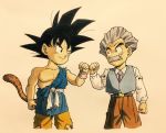 2boys arm_at_side beige_background belt black_eyes black_hair clenched_hand dougi dragon_ball dragon_ball_gt facial_hair fingernails fist_bump frown grey_hair highres kuririn lee_(dragon_garou) long_sleeves looking_at_another male_focus multiple_boys mustache necktie older pants shaded_face shirt short_hair simple_background smile son_gokuu spiky_hair standing tail torn_clothes upper_body vest white_shirt 