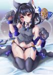  1girl animal_ears bangs bare_shoulders bell black_bikini_bottom black_hair blue_ribbon breasts brown_eyes cat_ears cat_tail commentary crotch_cutout detached_collar fate/grand_order fate/kaleid_liner_prisma_illya fate_(series) gloves gluteal_fold grey_vest hair_ornament hairclip highres kneeling miyu_edelfelt paw_gloves paw_pose paw_shoes paws ribbon shoes shumiao sleeveless small_breasts tail thigh-highs thigh_gap thighs vest 