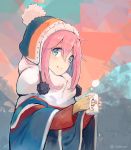  1girl artist_name commentary_request cup enpera fingerless_gloves gloves hat holding holding_cup kagamihara_nadeshiko mug multicolored multicolored_background nasuno_chiyo pink_hair poncho scarf smile solo striped_hat white_scarf yellow_gloves yurucamp 