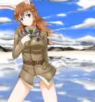  1girl absurdres animal_ears arms_behind_back blue_eyes blue_sky breasts brown_hair bunny_tail charlotte_e_yeager clouds goggles goggles_around_neck green_eyes hair_between_eyes head_tilt highres hiroshi_(hunter-of-kct) military military_uniform panties rabbit_ears reflection sky smile solo tail thighs underwear uniform white_panties world_witches_series 