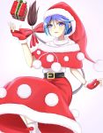  1girl alternate_costume belt blue_eyes blue_hair blush box christmas doremy_sweet dress fingerless_gloves fur-trimmed_dress fur-trimmed_gloves fur-trimmed_hat fur_trim gift gift_box gloves hair_between_eyes hat highres long_dress looking_at_viewer musteflott419 nightcap red_dress red_gloves redhead santa_hat short_hair smile solo tail tapir_tail touhou 