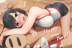  1girl 2019 :d black_hair black_shorts blue_eyes blush boar breasts chinese_zodiac cup happy_new_year iltusa large_breasts long_hair looking_at_viewer new_year open_mouth original sakazuki shirt shorts signature smile tokkuri translated white_shirt year_of_the_pig 