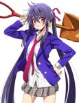  1girl absurdly_long_hair alternate_costume blue_hair cowboy_shot dress_shirt ebisuzawa_kurumi eyebrows_visible_through_hair gakkou_gurashi! grey_skirt grin hair_between_eyes hair_ribbon hand_on_hip highres holding_shovel long_hair long_sleeves looking_at_viewer miniskirt necktie pleated_skirt red_eyes red_neckwear red_ribbon ribbon school_uniform shirt simple_background sinakyo sketch skirt smile solo standing twintails v-shaped_eyebrows very_long_hair white_background white_shirt 