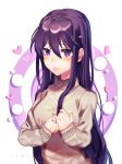  1girl blush doki_doki_literature_club hair_between_eyes hands_on_own_chest heart highres janineuy09 long_hair long_sleeves looking_at_viewer purple_hair sweater violet_eyes yuri_(doki_doki_literature_club) 