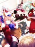  6+girls :d ahoge altera_(fate) animal_ears aqua_hair artoria_pendragon_(all) bamboo_steamer bangs black_hair black_legwear blonde_hair blue_eyes blunt_bangs bowl braid breasts chalkboard china_dress chinese_clothes covered_navel cup dark_skin double_bun dress fate/extra fate/grand_order fate/stay_night fate_(series) fox_ears fox_tail frankenstein&#039;s_monster_(fate) hair_between_eyes heterochromia horn horns kicking long_hair multiple_girls open_mouth pink_hair red_eyes saber short_hair smile tail tamamo_(fate)_(all) tamamo_no_mae_(fate) teapot thigh-highs tray twintails veil vilor white_background yellow_eyes 
