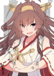  1girl ahoge bare_shoulders brown_hair crossed_arms detached_sleeves eyebrows_visible_through_hair eyes_visible_through_hair fang hairband headgear highres japanese_clothes kantai_collection kimono kongou_(kantai_collection) long_hair nontraditional_miko ribbon-trimmed_sleeves ribbon_trim sakakiba_misogi solo v-shaped_eyebrows violet_eyes white_kimono wide_sleeves 