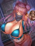  1girl armpits arms_up bra breasts cleavage commentary dancer detached_sleeves double_bun hata_no_kokoro highres huge_breasts jewelry mask navel necklace purple_hair shounen_(hogehoge) touhou under_boob underwear veil violet_eyes 