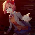  1girl blue_eyes blush bow collar crazy_eyes crazy_smile doki_doki_literature_club glitch hair_bow hair_ornament highres jacket janineuy09 long_sleeves looking_at_viewer neck_ribbon open_mouth pink_hair pleated_skirt red_bow red_ribbon ribbon sayori_(doki_doki_literature_club) school_uniform short_hair skirt white_collar yandere 
