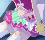  1girl cure_yell haruyama_kazunori head_out_of_frame hugtto!_precure magical_girl navel nono_hana precure sitting solo thigh-highs white_legwear 