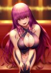  1girl absurdres bangs bare_shoulders black_dress blush breasts cleavage criss-cross_halter dress fate/grand_order fate_(series) fujifuji924 hair_between_eyes halterneck highres hips large_breasts long_hair looking_at_viewer open_mouth purple_hair red_eyes scathach_(fate)_(all) scathach_(fate/grand_order) sitting smile solo thighs 