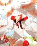  1girl bangs bird_tail bird_wings black_hair blush closed_eyes commentary_request eyebrows_visible_through_hair fur_collar head_wings japanese_crested_ibis japanese_crested_ibis_(kemono_friends) kemono_friends moeki_(moeki0329) multicolored_hair neck_ribbon nest nuzzle pleated_skirt redhead ribbon short_hair sidelocks skirt white_hair wings 