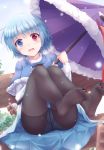  1girl adapted_costume bench black_legwear blue_capelet blue_eyes blue_hair blue_skirt capelet commentary_request crotch_seam eyebrows_visible_through_hair feet fur-trimmed_capelet fur_trim geta heterochromia highres karakasa_obake long_sleeves looking_at_viewer lzh no_shoes open_mouth panties panties_under_pantyhose pantyhose pleated_skirt red_eyes shirt short_hair sitting skirt snow snowing solo tatara_kogasa toes touhou umbrella underwear white_panties white_shirt winter 