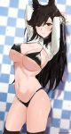  1girl animal_ears arms_up atago_(azur_lane) azur_lane bikini black_hair black_legwear blurry blurry_background breasts checkered checkered_background closed_mouth confetti erect_nipples extra_ears highres long_hair looking_at_viewer mole mole_under_eye sendrawz shiny shiny_hair signature solo swimsuit thigh-highs yellow_eyes 