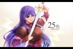  1girl 2015 anniversary blue_eyes blue_hair bracelet breastplate elbow_gloves fingerless_gloves fire_emblem fire_emblem:_mystery_of_the_emblem gloves highres holding holding_sword holding_weapon intelligent_systems jewelry long_hair nakabayashi_zun nintendo parted_lips sheeda simple_background solo sword upper_body weapon white_background 