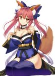  1girl animal_ear_fluff animal_ears bangs bare_shoulders blue_bow blue_kimono blue_legwear blush bow breasts brown_eyes cleavage closed_mouth collarbone depressed detached_collar detached_sleeves eyebrows_visible_through_hair fate/grand_order fate_(series) fox_ears fox_girl full_body hair_bow hands_on_own_chest head_tilt highres ishigami_kazui japanese_clothes kimono large_breasts loincloth long_hair long_sleeves looking_at_viewer obi sash short_kimono side_ponytail simple_background sitting smile solo strapless tamamo_(fate)_(all) tamamo_no_mae_(fate) thigh-highs twintails wariza white_background wide_sleeves 