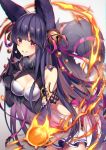 1girl animal_ears bangs bare_shoulders bell black_hair blurry blush breasts depth_of_field dress erune eyebrows_visible_through_hair fire floating_hair fox_ears fox_tail gloves granblue_fantasy grin hair_bell hair_ornament hair_ribbon heart highres homaderi jingle_bell large_breasts leaning_forward long_hair looking_at_viewer pink_ribbon red_eyes ribbon sidelocks smile solo tail very_long_hair wind yuel_(granblue_fantasy) 