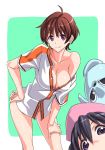  2girls ahoge blue_eyes blue_hair blush breasts brown_hair cleavage commentary commentary_request copyright_request highres looking_at_viewer multiple_girls no_panties short_hair smile standing suzutsuki_kurara violet_eyes 