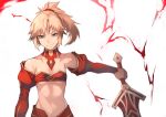  1girl 55level bangs bare_shoulders blonde_hair blurry blurry_background bra braid breasts collarbone commentary_request detached_sleeves energy eyebrows_visible_through_hair fate/grand_order fate_(series) green_eyes hair_ornament holding holding_sword holding_weapon juliet_sleeves long_hair long_sleeves looking_at_viewer mordred_(fate) mordred_(fate)_(all) navel ponytail puffy_sleeves red_bra red_sleeves scrunchie simple_background smile solo strapless strapless_bra sword underwear upper_body weapon 