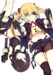  2girls :p asymmetrical_legwear bangs black_jacket blonde_hair blue_eyes blush braid brown_eyes brown_legwear brown_shorts closed_mouth collarbone commentary_request crop_top dual_wielding eyebrows_visible_through_hair girls_frontline green_eyes gun hair_between_eyes hair_over_one_eye holding holding_gun holding_weapon jacket mac-10 mac-10_(girls_frontline) midriff multiple_girls navel object_namesake open_clothes open_jacket shinopoko shirt short_shorts shorts side_braids sidelocks simple_background single_thighhigh skorpion_vz._61 smile stitches submachine_gun thigh-highs tongue tongue_out twin_braids twintails vz.61_(girls_frontline) weapon white_background yellow_shirt 