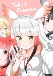  4girls :d ^_^ alpaca_suri_(kemono_friends) bangs black-headed_ibis_(kemono_friends) black_eyes black_hair blonde_hair blunt_bangs brown_eyes closed_eyes closed_eyes commentary eyebrows_visible_through_hair frilled_sleeves frills fur_collar gradient_hair hair_over_one_eye head_wings highres inaba31415 japanese_crested_ibis_(kemono_friends) kemono_friends long_hair looking_at_viewer multicolored_hair multiple_girls open_mouth outstretched_arm pink_background red_shirt redhead scarlet_ibis_(kemono_friends) self_shot shirt sidelocks simple_background smile triangle_mouth v white_hair white_shirt wide_sleeves yellow_eyes 