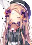  1girl :d ^_^ abigail_williams_(fate/grand_order) absurdres bangs black_dress black_hat blonde_hair blush bow closed_eyes closed_eyes crossed_bandaids dress facing_viewer fate/grand_order fate_(series) fingernails hair_bow hands_up hat head_tilt highres holding holding_stuffed_animal long_hair long_sleeves neko_pan open_mouth orange_bow out_of_frame parted_bangs petting polka_dot polka_dot_bow purple_bow simple_background sleeves_past_fingers sleeves_past_wrists smile solo_focus stuffed_animal stuffed_toy teddy_bear very_long_hair white_background 