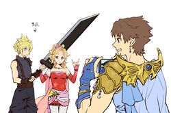  1girl 2boys \m/ aqua_eyes bare_shoulders beads blonde_hair blue_cape blue_gloves bracelet breasts bridal_gauntlets brown_hair buster_sword butz_klauser cape cellphone cellphone_camera cloud_strife cowboy_shot detached_sleeves dissidia_final_fantasy dress earrings expressionless eyebrows_visible_through_hair final_fantasy final_fantasy_vi final_fantasy_vii gloves grey_eyes grin hair_beads hair_ornament highres holding holding_cellphone holding_phone jewelry long_hair multiple_boys no_nose pantyhose parted_lips pauldrons phone ponytail profile red_dress short_dress short_hair simple_background sleeveless sleeveless_dress smartphone smile tina_branford translation_request umichicken upper_body violet_eyes white_background 