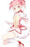  1girl blurry blush bubble_skirt choker commentary depth_of_field eyebrows_visible_through_hair eyelashes feet_out_of_frame flat_chest frilled_skirt frills full_body gloves hair_ribbon happy head_tilt kaname_madoka looking_at_viewer mahou_shoujo_madoka_magica pink_eyes pink_hair pink_neckwear pink_ribbon puffy_short_sleeves puffy_sleeves red_footwear ribbon ribbon_choker short_sleeves simple_background skirt smile socks solo soul_gem twintails white_background white_gloves white_legwear 