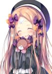  1girl :d ^_^ abigail_williams_(fate/grand_order) absurdres bangs black_dress black_hat blonde_hair blush bow closed_eyes closed_eyes crossed_bandaids dress facing_viewer fate/grand_order fate_(series) hair_bow hands_up hat head_tilt highres holding holding_stuffed_animal long_hair long_sleeves neko_pan open_mouth orange_bow parted_bangs polka_dot polka_dot_bow purple_bow simple_background sleeves_past_fingers sleeves_past_wrists smile solo stuffed_animal stuffed_toy teddy_bear very_long_hair white_background 