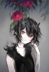  1girl bangs bare_arms bare_shoulders black_shirt collarbone commentary_request eyebrows_visible_through_hair flower grey_background hair_between_eyes hand_up hasunokaeru head_tilt highres horns long_hair looking_at_viewer original parted_lips pointy_ears red_eyes red_flower red_rose rose shirt sleeveless sleeveless_shirt solo stitches upper_body water 
