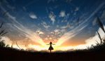 1girl adsuger blurry clouds cloudy_sky depth_of_field dress facing_away grass highres horizon nature original outdoors outstretched_arms scenery short_hair sky solo standing star_(sky) starry_sky sun sunlight sunset wind wind_lift 