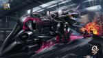  2girls 2others :p action assault_rifle bangs beak_(girls_frontline) black_coat black_footwear blonde_hair braid breasts corruption emblem explosion eyepatch floating_hair full_body girls_frontline gloves ground_vehicle gun hair_ornament highres holding holding_gun holding_weapon infukun jacket light_trail logo long_hair m16a1 m16a1_(girls_frontline) mole mole_under_eye motion_blur motor_vehicle motorcycle multicolored_hair multiple_girls multiple_others necktie official_art pale_skin riding rifle road sangvis_ferri scar shirt skirt smile streaked_hair tongue tongue_out violet_eyes weapon white_hair wind wind_lift yellow_eyes 