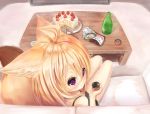  1girl absurdres ahoge animal_ears bag_of_chips blonde_hair cake couch fang food fox_ears fox_girl fox_tail from_above highres strawberry_shortcake table tail toripuru 