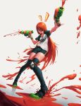  !! 1girl :o ;o absurdres alexander_terentyev bike_shorts black_legwear black_shorts brown_eyes dual_wielding glasses green_footwear gun highres holding holding_gun holding_weapon knee_pads long_hair looking_at_viewer one_eye_closed orange_hair paint paint_gun persona persona_5 sakura_futaba shirt shoes shorts solo splashing splatoon_(series) standing t-shirt thigh-highs very_long_hair weapon white_background 