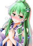  1girl ahoge blush breasts embarrassed frog_hair_ornament green_eyes green_hair hair_ornament hair_tubes highres kochiya_sanae large_breasts long_hair looking_at_viewer open_clothes open_shirt oshiaki sidelocks snake_hair_ornament solo spoken_blush touhou undressing white_background 