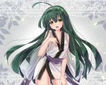  1girl :d ahoge bangs bare_arms bare_shoulders blush breasts brown_eyes cleavage collarbone commentary_request eyebrows_visible_through_hair green_hair green_hairband hair_between_eyes hairband hand_on_leg head_tilt japanese_clothes kimono long_hair looking_at_viewer obi open_mouth ryogo sash sleeveless sleeveless_kimono small_breasts smile solo touhoku_zunko very_long_hair voiceroid white_kimono 