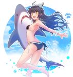  1girl ass bare_shoulders belt belt_pouch bikini black_bikini black_hair blake_belladonna boots fang fangs hair_ribbon highres iesupa long_hair midriff pouch ribbon rwby scar scrunchie shark solo stuffed_animal stuffed_toy swimsuit thigh-highs thigh_boots toy water yellow_eyes 