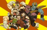 /\/\/\ 6+boys :o armor arms_at_sides black_eyes black_hair boots burter captain_ginyu clenched_hands clenched_teeth dougi dragon_ball dragonball_z full_body grin guldo happy height_difference horns jeice looking_at_viewer multiple_boys nitako recoome red_background scouter short_hair smile son_gokuu spiky_hair striped striped_background teeth two-tone_background vertical-striped_background vertical_stripes wristband yellow_background 