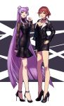  2girls :d alternate_hairstyle black_dress black_footwear black_jacket blue_eyes breasts choker cleavage collarbone double_bun dress floral_print full_body hair_between_eyes hand_on_hip hat high_heels highres jacket jewelry kaname_buccaneer long_hair long_sleeves looking_at_viewer macross macross_delta medium_breasts mikumo_guynemer multiple_girls necklace open_clothes open_jacket open_mouth protected_link purple_hair red_eyes red_hat shimatani_azu shoes short_dress short_hair short_ponytail sidelocks smile standing stiletto_heels very_long_hair 